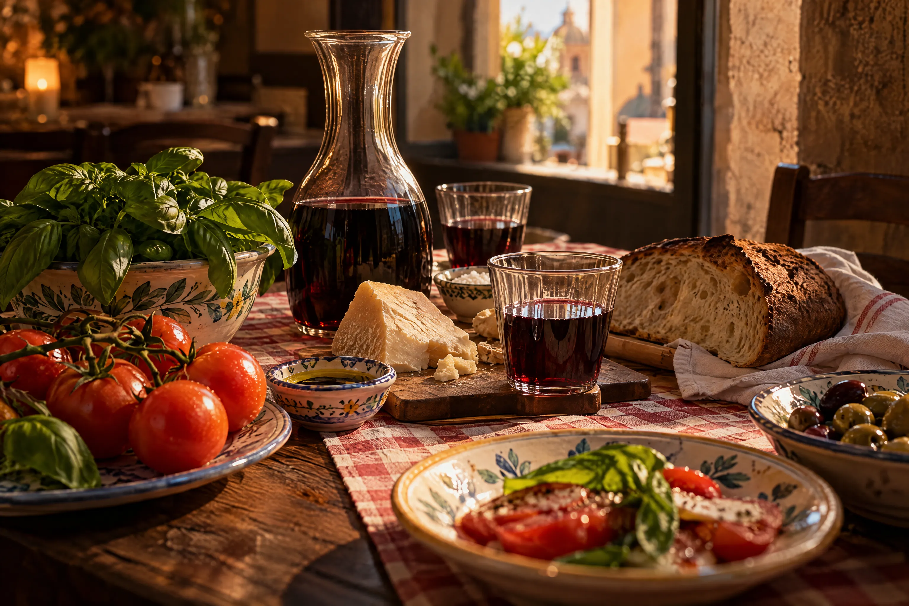 Tisch mit rot-weiß karierter Tischdecke, Rotwein und Tomaten