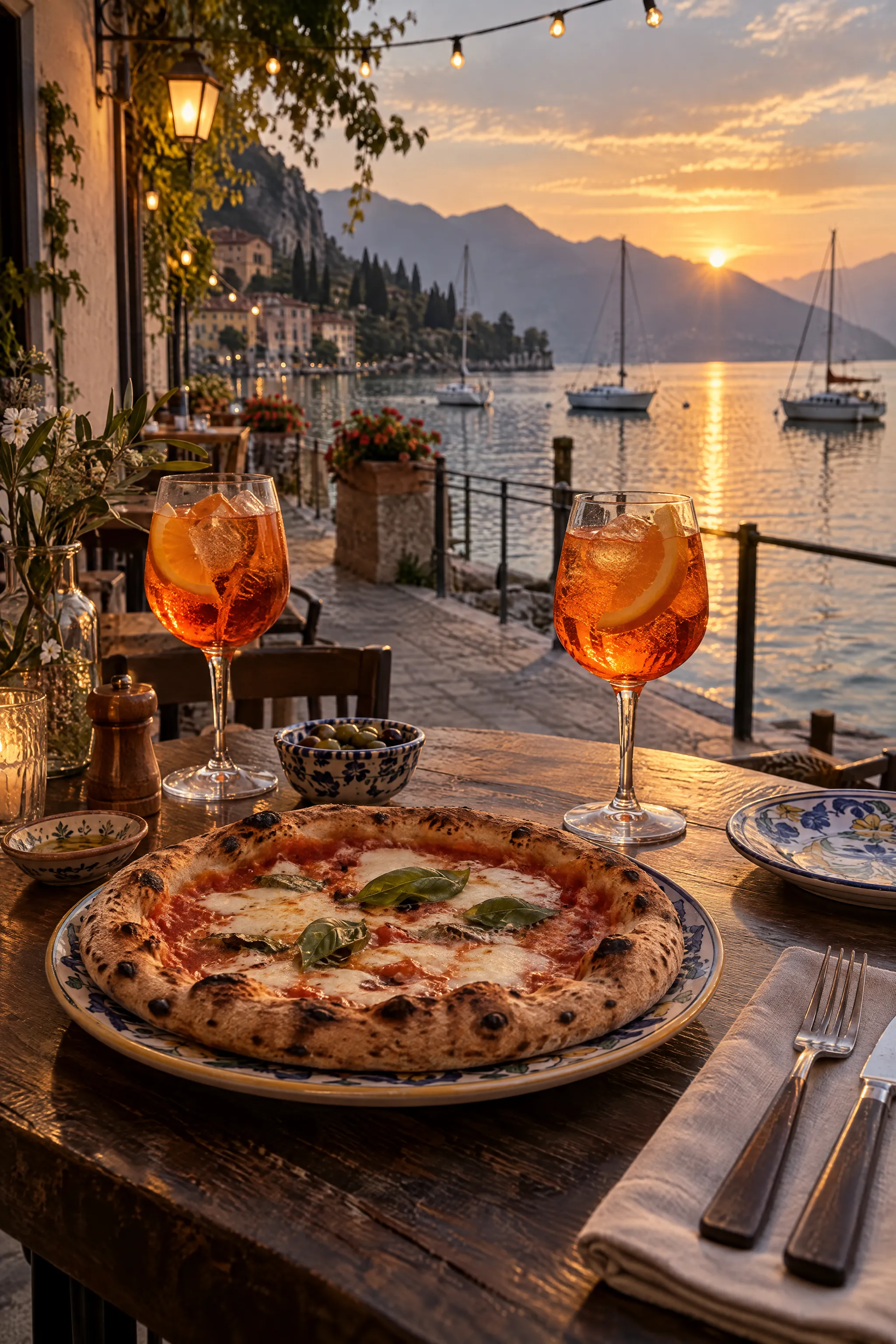 Terrasse an der Seepromenade mit Pizza und Aperol Spritz