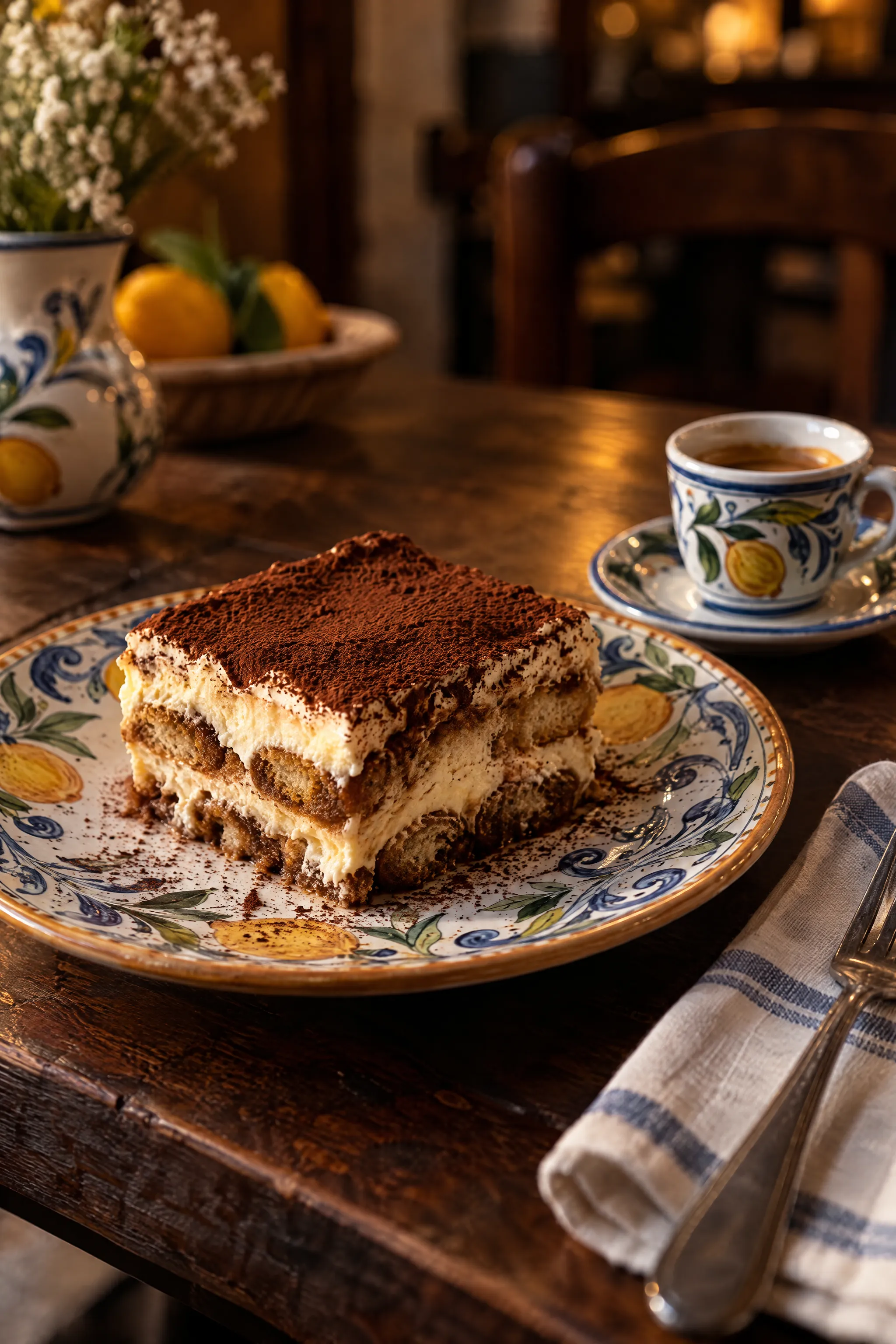Espresso und Tiramisu auf verziertem Teller